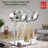 Elegant cutlery set arranged in a stand, placed on dining table with soft kitchen background ambiance.